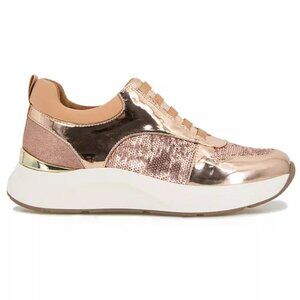 NEW KENNETH COLE REACTION Christal Faux Lace Up Sneakers rose gold women 266tn